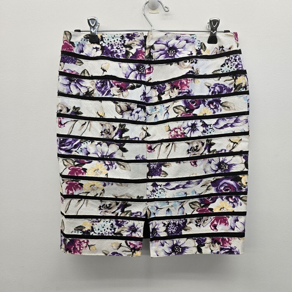 White House Black Market Sz 2 Wht Floral Print Striped Pencil Skirt Raw Edge A5 - Picture 3 of 10